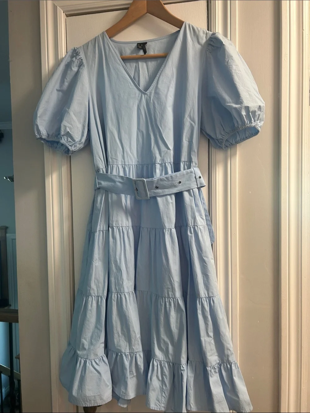 Vero Moda Light Blue Tiered Puff Sleeve Midi Dress with Belt - Picture 1 of 7